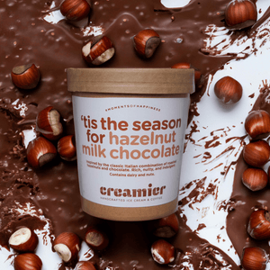 Rich and nutty, this flavour was inspired by the classic Italian combination of roasted hazelnuts and dark chocolate. Concocted with Italian hazelnuts, 55.5% dark chocolate, and French cream, our Creamier Hazelnut Milk Chocolate ice cream reminds us of biting into an iconic Ferrero truffle or licking off Nutella from a spoon.